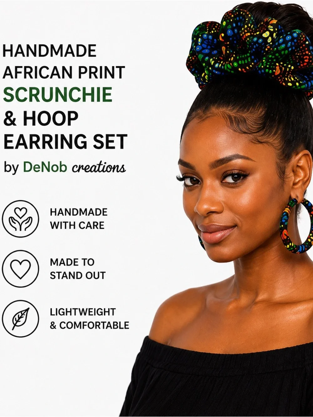Handmade African Ankara Print Scrunchie & Hoop Earring Set | Green Floral